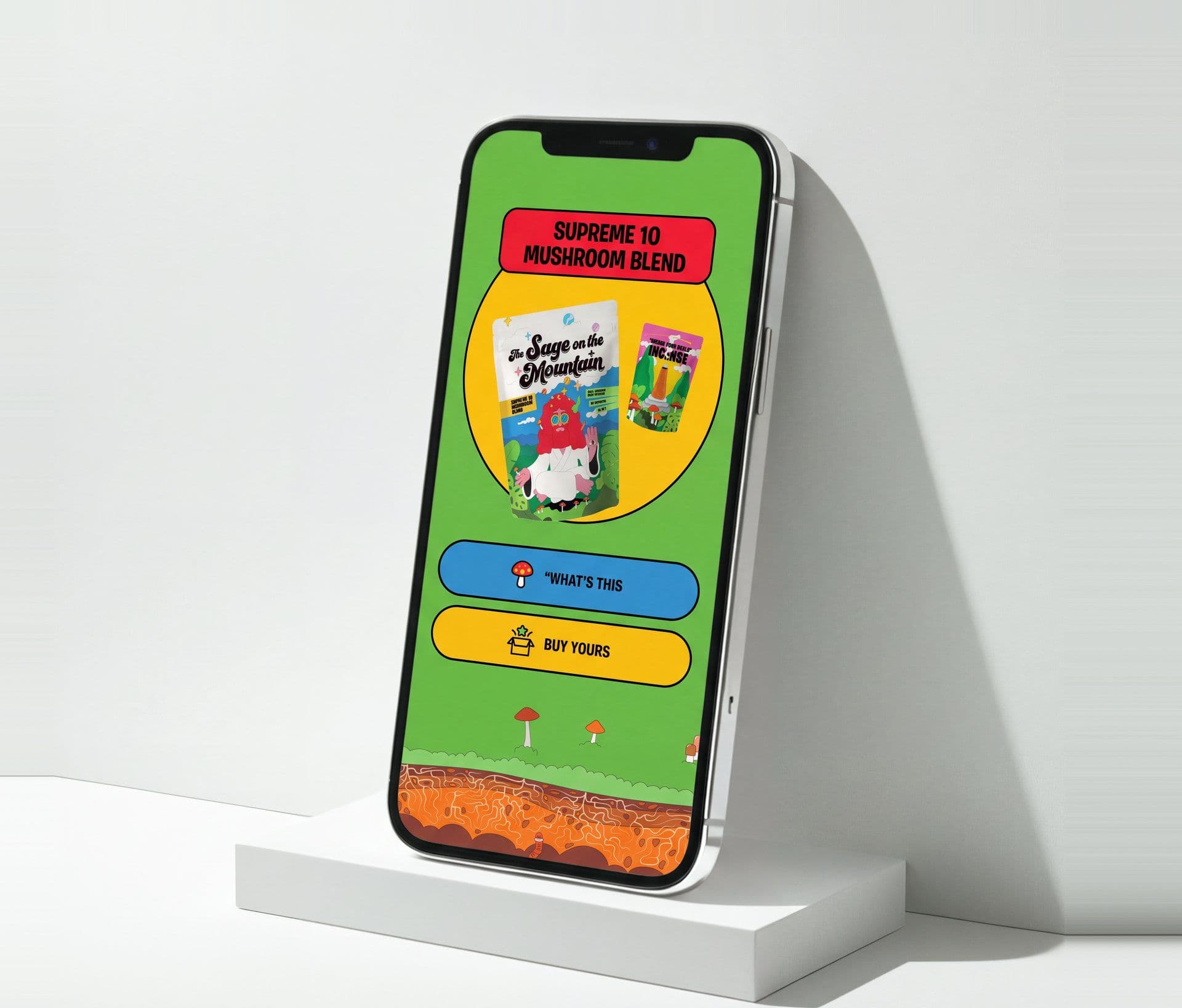 The Supreme 10 Mushroom Blend on a phone, with its What’s This and Buy Yours buttons over the illustrated mushroom ground