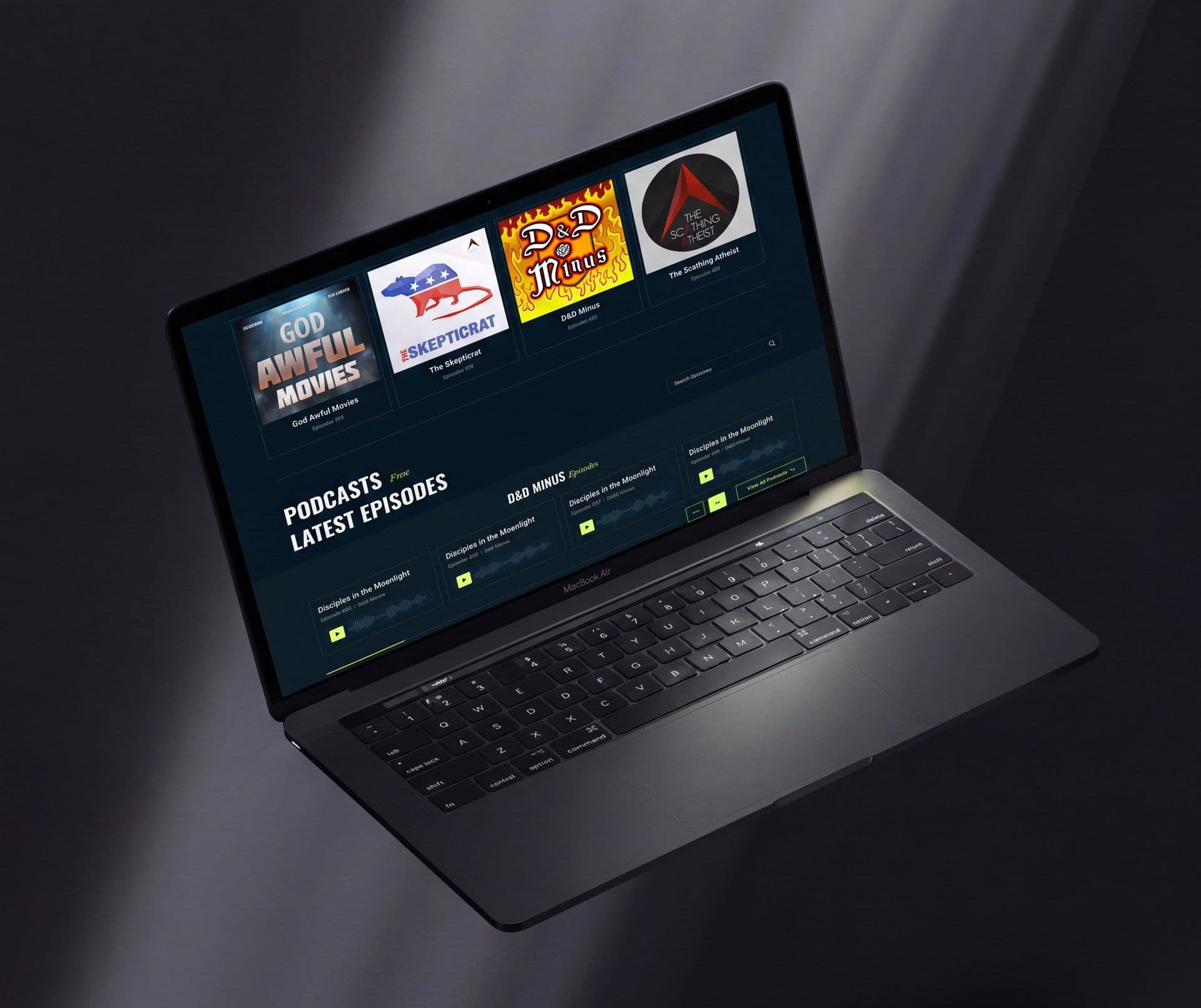 The Puzzle in a Thunderstorm podcasts page on a laptop — the four shows and their latest episodes